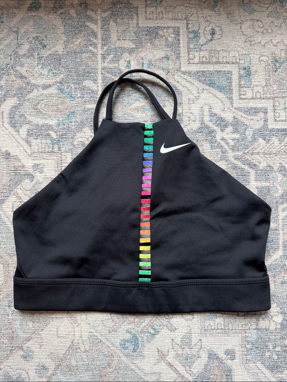 Nike Black High Neck Sports Bra with Multicolor Vertical Stripe